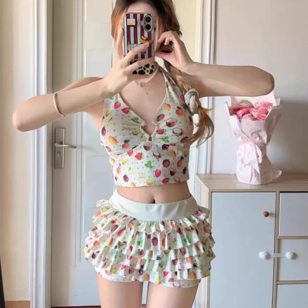 summer fruit series wave dot full print swimsuit lolita seaside ruffle edge shorts two pieces y2k sweet girl swimwear bikini set