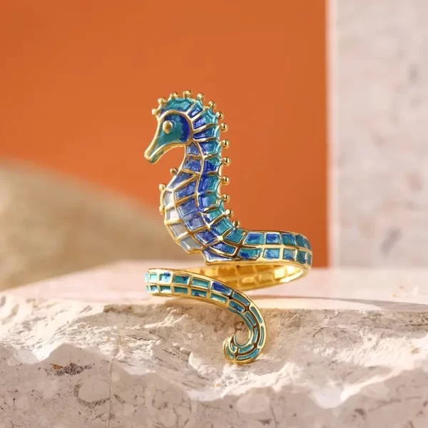 alloy enamel craftsmanship, colorful seahorse shape women's fashion ring adjustable open design ideal for wearing menstruction and party