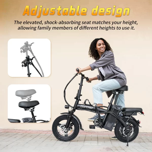 deepower electric bike for adult 600w peak motor, 21mph folding ebike, 14" electric bicycles, 3 levels assist, multi shock ebike