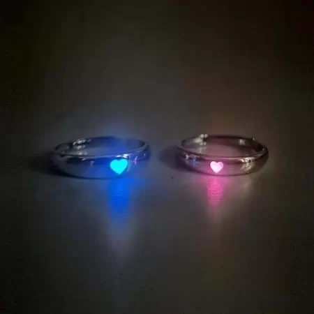 fashion blue love heart luminous ring for women men retro glow in dark silver color adjustable couple finger rings jewelry gift