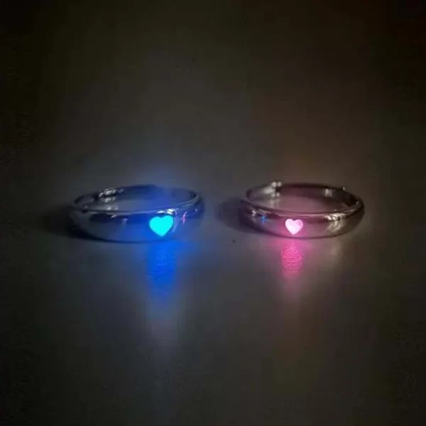fashion blue love heart luminous ring for women men retro glow in dark silver color adjustable couple finger rings jewelry gift