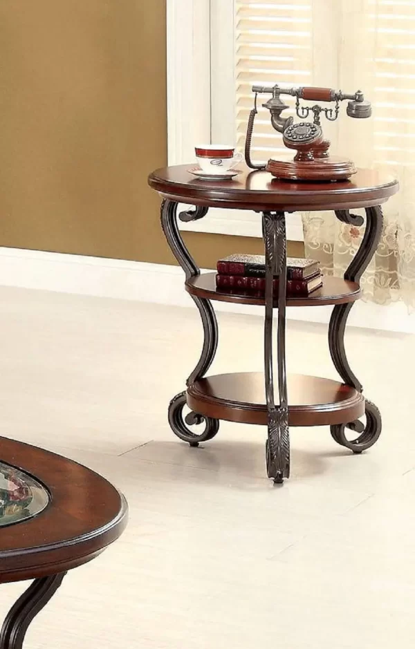 traditional style brown cherry 1pc side table open bottom shelf ornate design living room furniture