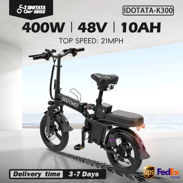 idotata 48v 10ah foldable electric bike throttle,400w motor electric bicycle for adults, mini ebike for urban commuter man woman