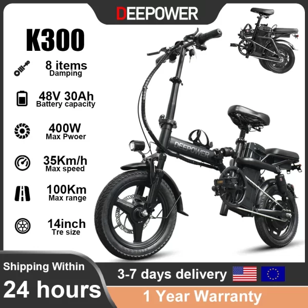 deepower 14 inch foldable electric bicycle 400w motor 48v 30a0h adult mini electric bike suitable for city commuting ebike