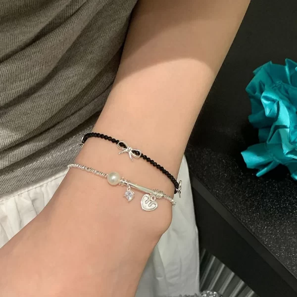 black crystal beaded bowknot pearl bracelet for women girl korean fashion beads chain vintage bracelet aesthetic y2k jewelry