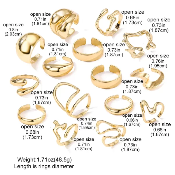 15pcs/set exaggerated metal irregular lines water droplet smooth rings for women men punk retro boho fashion jewelry gift