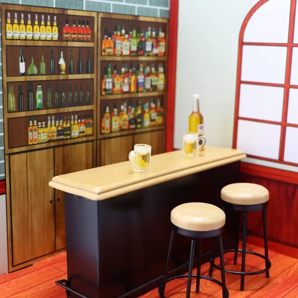 dollhouse furniture metal bar table & chair with wood top pub set 1:12 scale miniature accessories bar counter stool mini