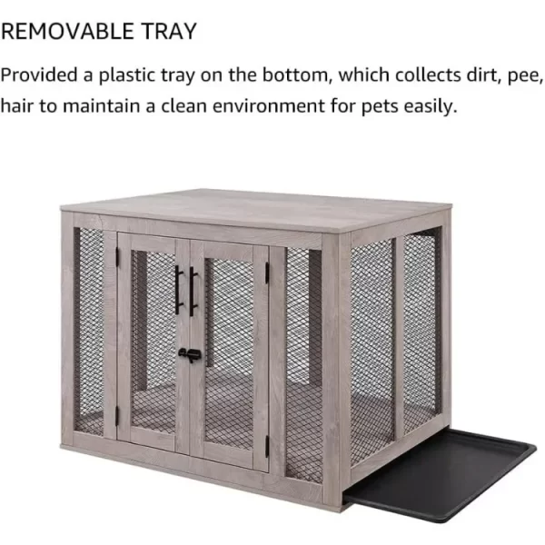 home large dog crate furniture, wooden kennel , inside side end table crate with tray and bed, dog enclosure