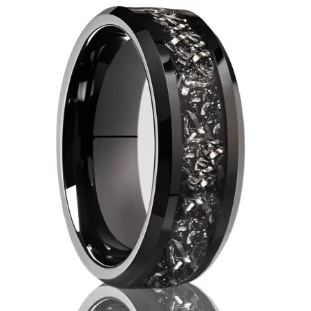 black tungsten carbide ring 8mm flat beveled edge with iron filings inlay matte finish men's wedding band hypoallergenic