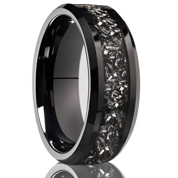 black tungsten carbide ring 8mm flat beveled edge with iron filings inlay matte finish men's wedding band hypoallergenic