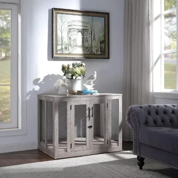 home large dog crate furniture, wooden kennel , inside side end table crate with tray and bed, dog enclosure
