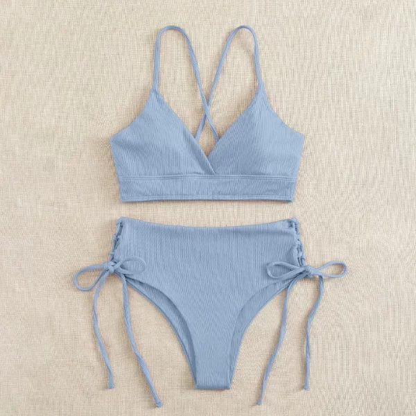 cikini v neck split bikini set for women, sexy swimsuit, lace up, triangular bikinis, solid color, beach swimwear, bathing suit