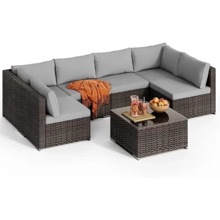 7 pieces outdoor patio furniture set pe rattan outdoor wicker sectional furniture sofa set, with cushions and glass coffee table