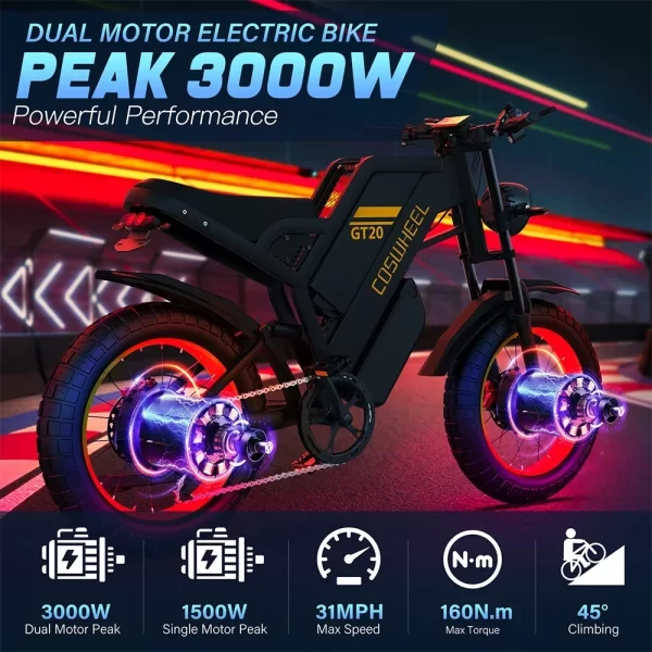 electric bicycle coswheel gt20 pro 3000w 48v 40ah ebike max 145 miles fat tire mountain electric bike adult off road motorcycle