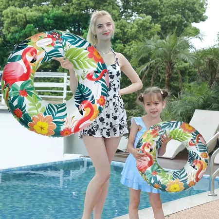 1pc flamingo & tropical leaf inflatable swim ring colorful pvc pool float swimming circle pool party fun water rest accessories
