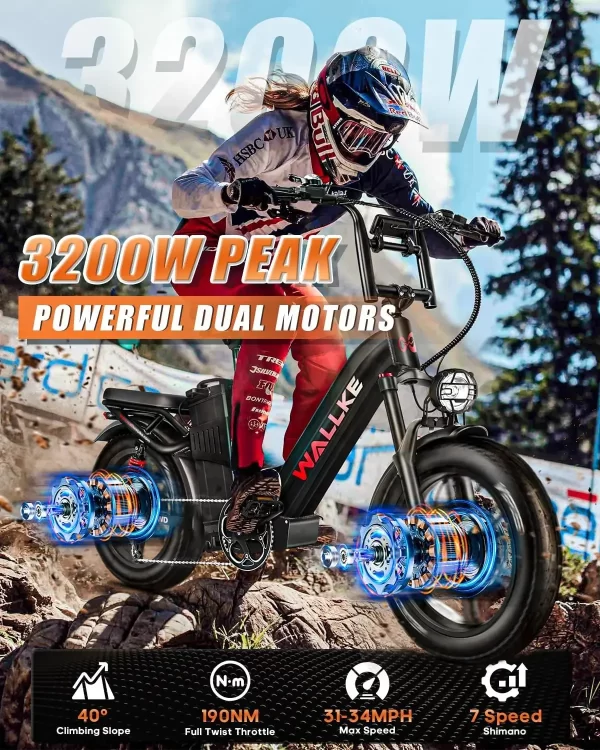 w wallke h7 awd electric bike 60ah 3200w peak dual motor ebike 20” fat tire electric bicycle 34mph step thru e bike app control