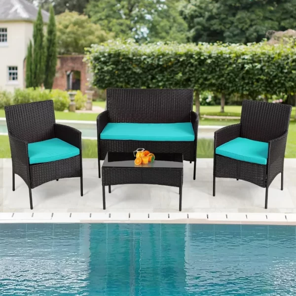 4 piece outdoor wicker patio conversation furniture set for backyard w/coffee table, seat cushions, patio furniture set