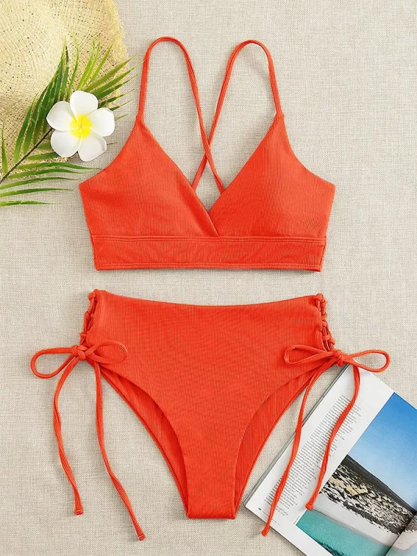 cikini v neck split bikini set for women, sexy swimsuit, lace up, triangular bikinis, solid color, beach swimwear, bathing suit