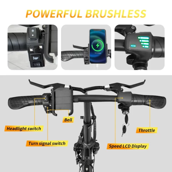 deepower electric bike for adult 600w peak motor, 21mph folding ebike, 14" electric bicycles, 3 levels assist, multi shock ebike