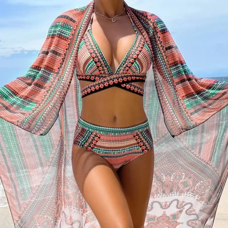 vintage national bikini swimsuit with mesh cover ups cross front halter bikini 3 piece set blue/green/red high waist beachwear