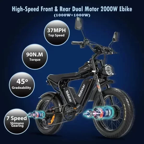 electric bike 2000w powerful dual motor 52v 40ah dual battery q20 pro ebike motorcycle mountain 20x4.0 fat tire electric bicycle