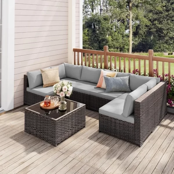 7 pieces outdoor patio furniture set pe rattan outdoor wicker sectional furniture sofa set, with cushions and glass coffee table