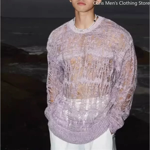 2025 spring fashion knitting t shirt sexy hollow qut mesh knit t shirts men see through ripped crewneek pullover tops for mens
