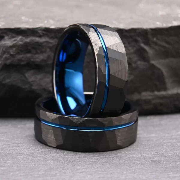 tungsten carbide rings for men women 8mm men's engagement wedding bands black hammered inlay blue grooved matte brushed
