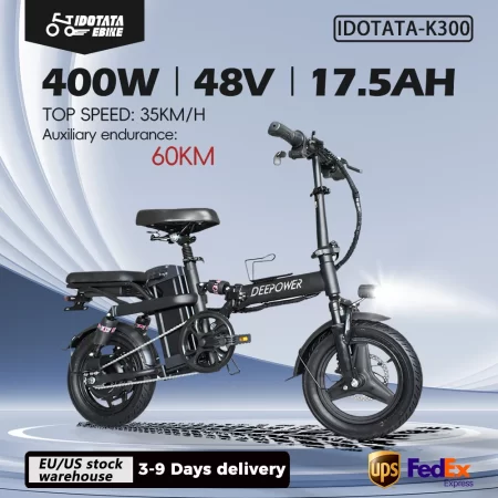 idotata 48v 10ah foldable electric bike throttle,400w motor electric bicycle for adults, mini ebike for urban commuter man woman