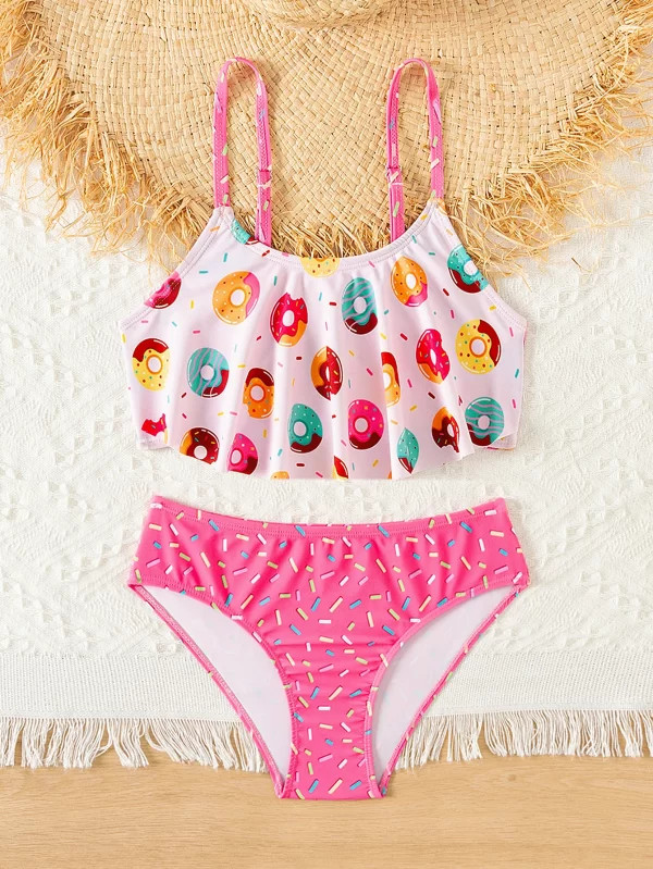 donut print ruffle deco girls kids bikini set summer beach outdoor cute 2 piece swimwear contrast adjustable girls kids swimsuit