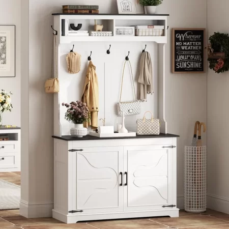 free delivery farmhouse narrow coat rack with shoe storage, 12 shoe cubbies&7 coat hooks,entryway furniture with hall tree new