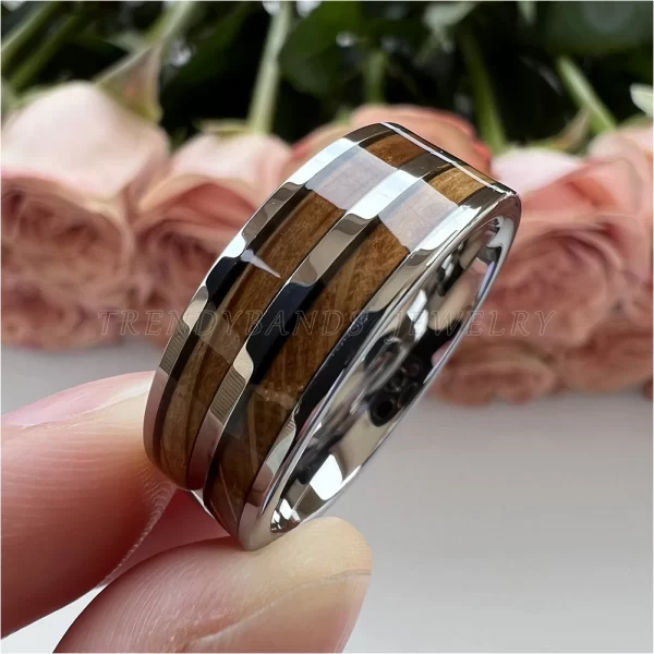 8mm men's women's ring tungsten wedding band couple's fashion jewelry whisky barrel wood inlay polished shiny comfort fit