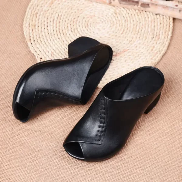 thick heeled soft leather outer slippers fish mouth comfortable versatile mid heeled women sandals women's mother's shoes women