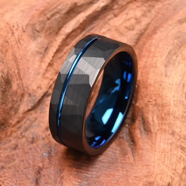 tungsten carbide rings for men women 8mm men's engagement wedding bands black hammered inlay blue grooved matte brushed