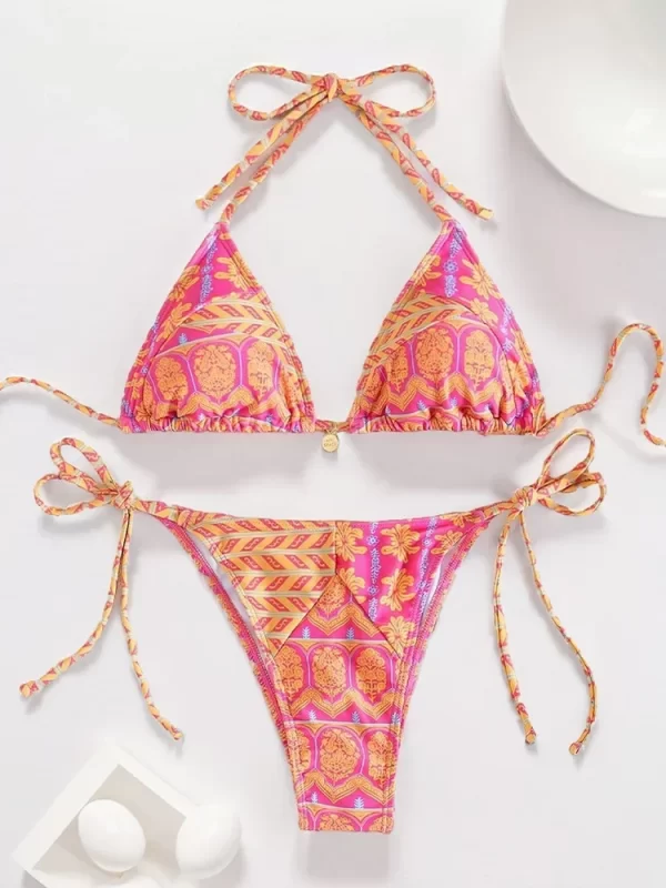 2025 new summer swimwear bikini set sexy print laced up backless bikini 2 piece set women split swimsuit high waist beach bikini