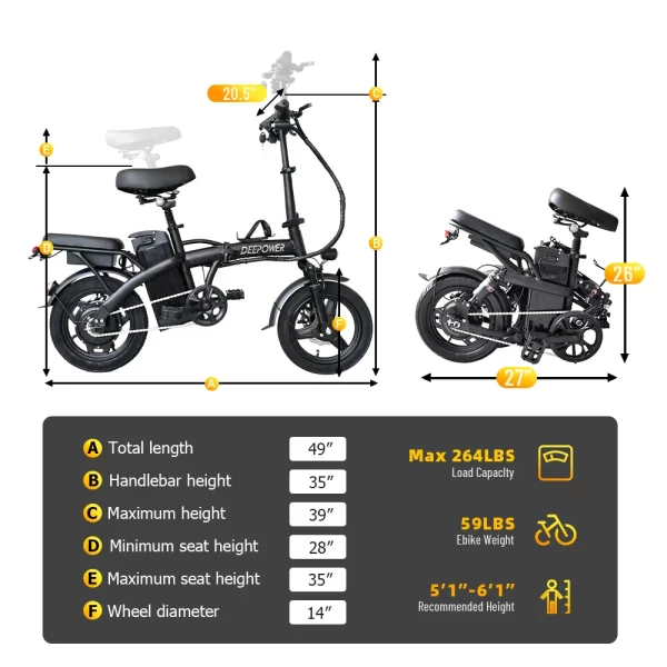 deepower electric bike for adult 600w peak motor, 21mph folding ebike, 14" electric bicycles, 3 levels assist, multi shock ebike