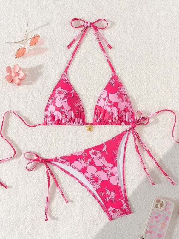 2025 new summer swimwear bikini set sexy print laced up backless bikini 2 piece set women split swimsuit high waist beach bikini