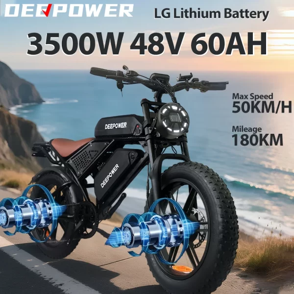 deepower s8 electric bicycle 2000w+1500w dual motor electric bike 48v 60ah removable battery 20 inch fat tire adult ebike
