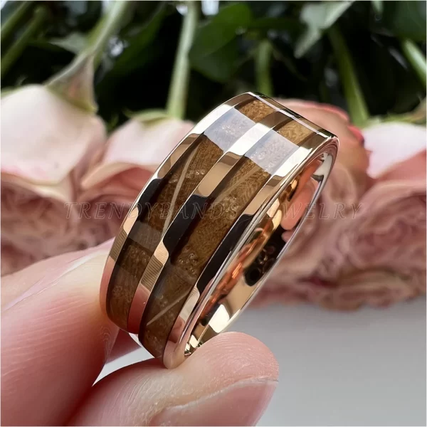 8mm men's women's ring tungsten wedding band couple's fashion jewelry whisky barrel wood inlay polished shiny comfort fit