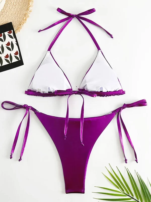 sexy metallic halter bikinis sets lace up triangle tie side bikini 2024 swimsuit women swimwear brazilian female bathing suits