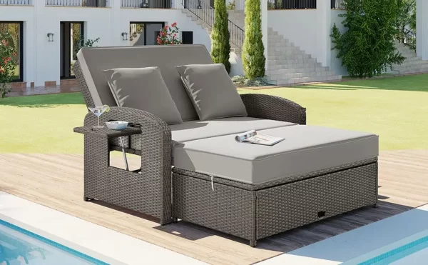 topmax pe wicker rattan double chaise lounge, 2 person reclining daybed with adjustable back and cushions, free furniture protec