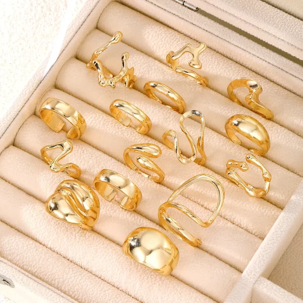 15pcs/set exaggerated metal irregular lines water droplet smooth rings for women men punk retro boho fashion jewelry gift