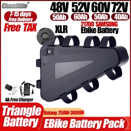 60v72v 3000w triangle electric bicycle battery 36v 48v 52v ebike 30ah 40ah 50ah 60ah chamrider 1000w 2000w 21700 lithium battery