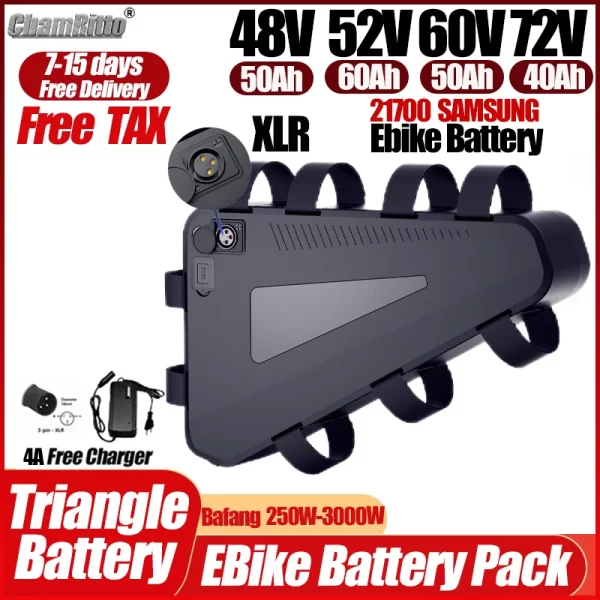 60v72v 3000w triangle electric bicycle battery 36v 48v 52v ebike 30ah 40ah 50ah 60ah chamrider 1000w 2000w 21700 lithium battery
