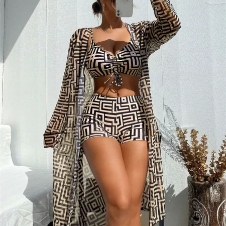 bikini women swimsuit 2025 new lattice sling bikinis set sexy boxer shorts swimwear summer long sleeve beach bathing suit female