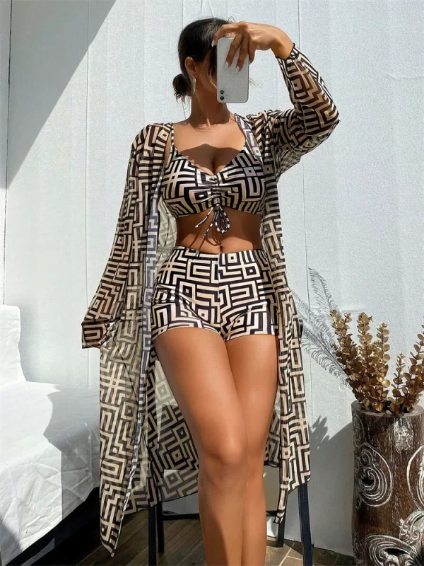 bikini women swimsuit 2025 new lattice sling bikinis set sexy boxer shorts swimwear summer long sleeve beach bathing suit female