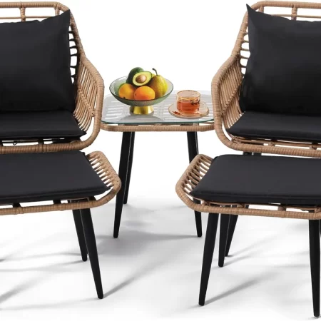 5 piece wicker bistro patio conversation furniture set, includes 2 chairs, 2 ottomans, and side table, ideal for porch, balcony,