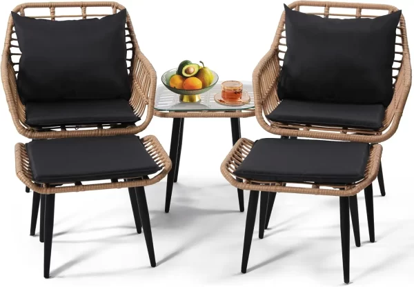 5 piece wicker bistro patio conversation furniture set, includes 2 chairs, 2 ottomans, and side table, ideal for porch, balcony,