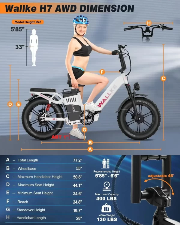 w wallke h7 awd electric bike 60ah 3200w peak dual motor ebike 20” fat tire electric bicycle 34mph step thru e bike app control