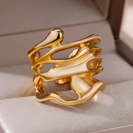 stainless steel rings for women men gold color hollow wide open ring female male fashion wedding party finger jewelry gift 2024